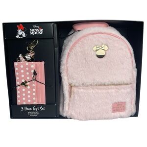 Disney Minnie Mouse 3 Pc Gift Set Pink Fur Mini Backpack Keychain & ID Wallet
